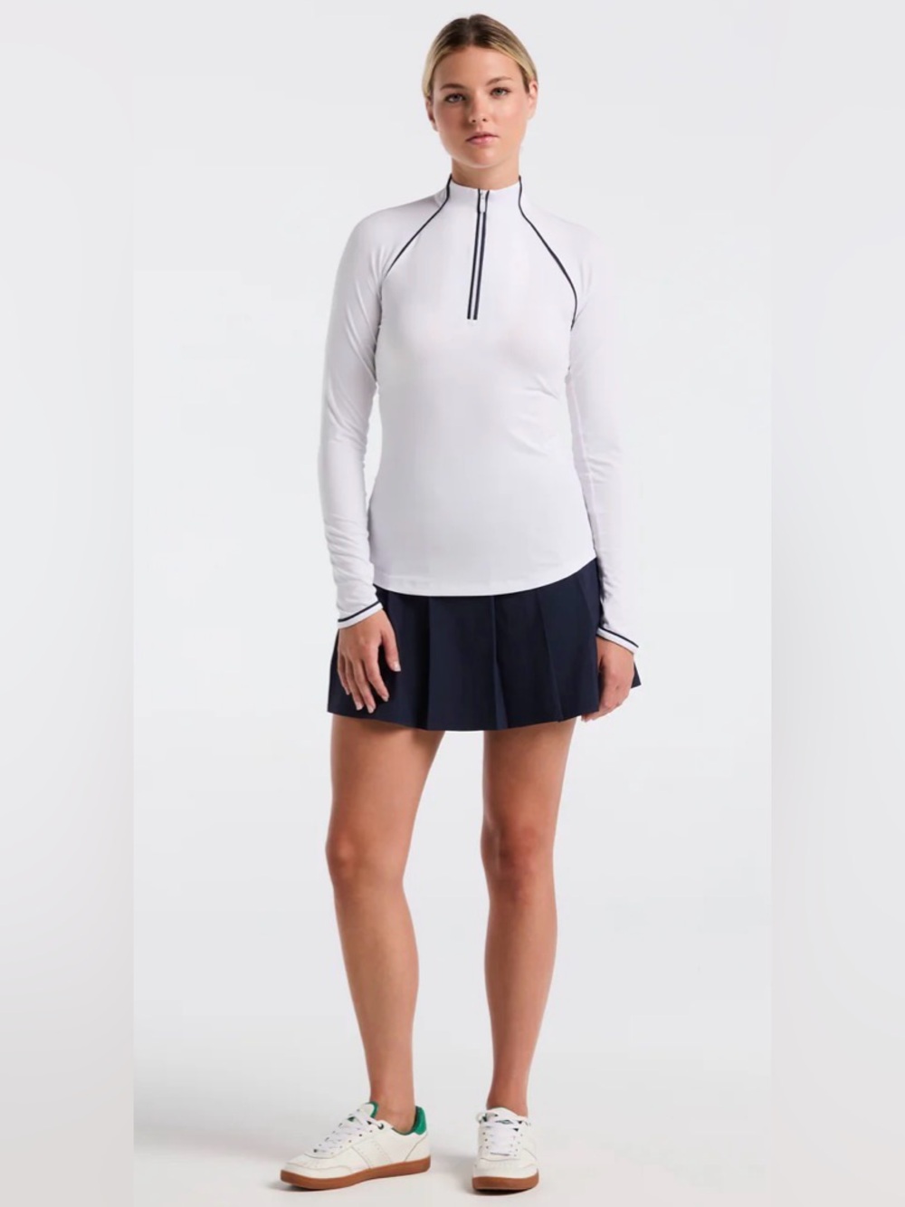 Original Penguin White Long-Sleeve Zip Mockneck Top with Navy Trim NWT